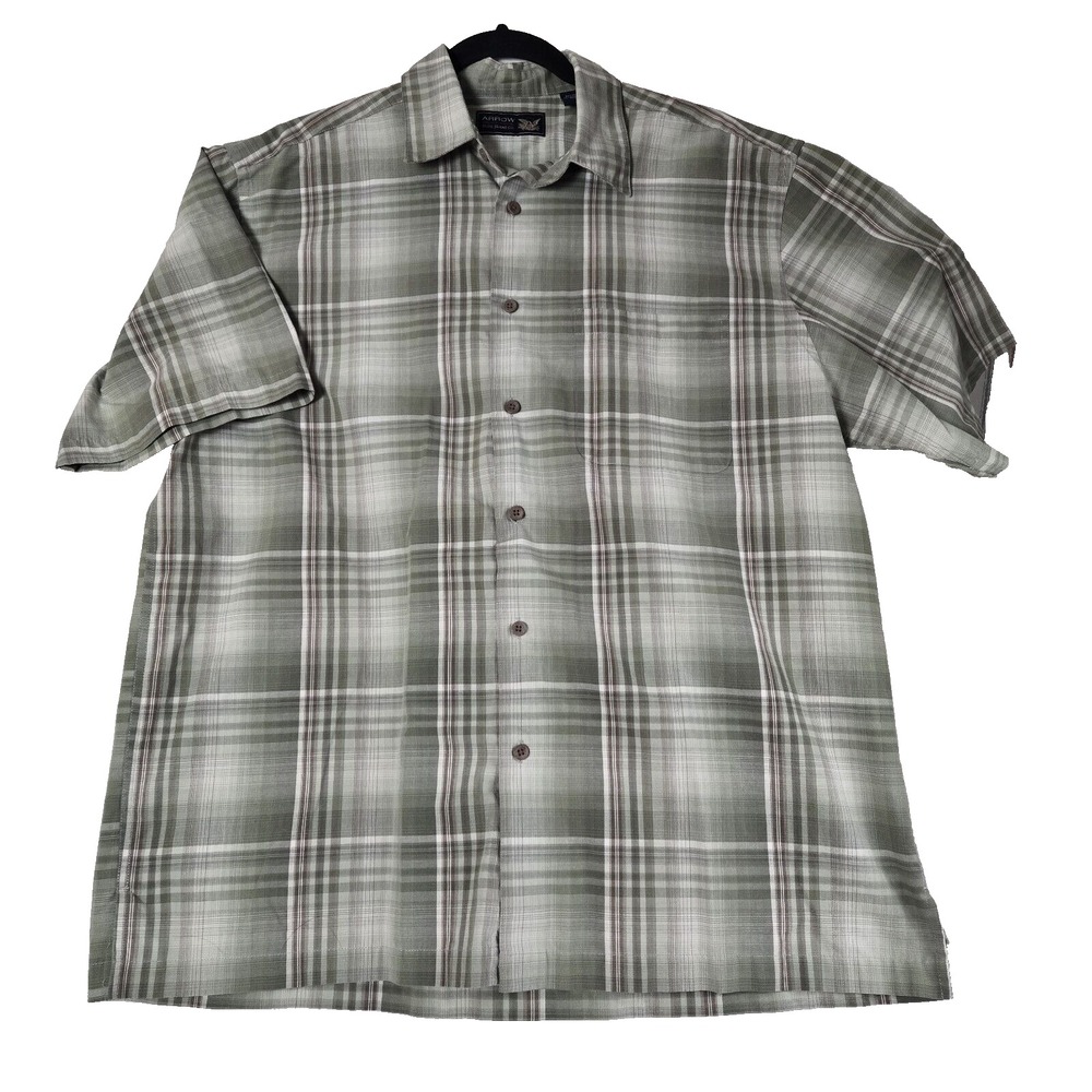 Arrow Blue Jean Co‎ Shirt Men's L Pocket Green Plaid Short Sleeve Button Down